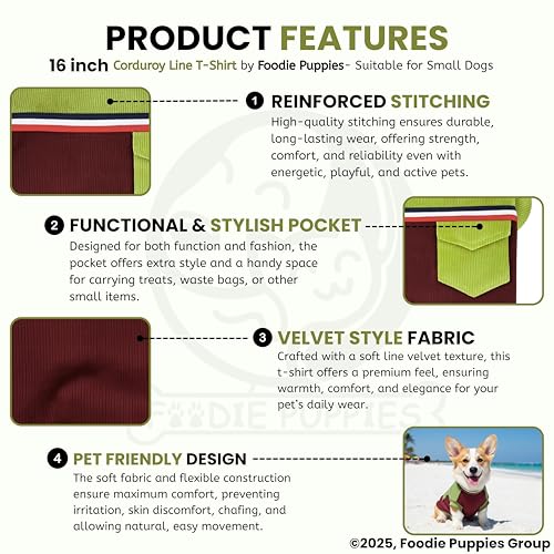 Image of Foodie Puppies Corduroy Line Velvet Pocket T-Shirt Warm Sweater Jacket - (16 inch, Olive & Maroon) for Small Breeds Dogs | Soft, Lightweight Pet Apparel | Stylish, Comfortable, Durable, Stretchable