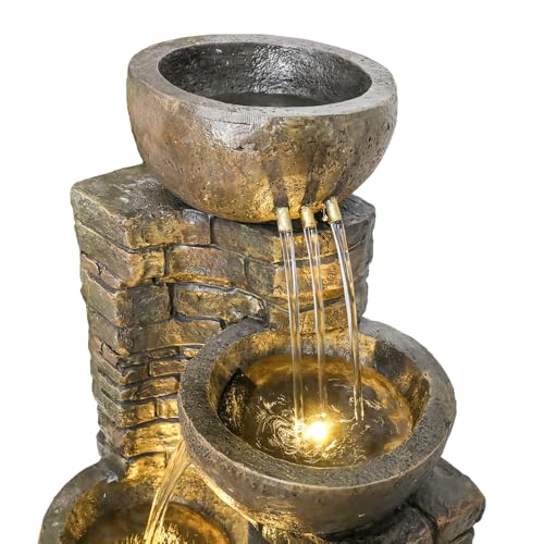 Hamiedun 38.2 ''H Cascading Bowls and Stacked Stones with Led Lights Outdoor Water Fountain for Gardens, Landscaping, Balconies, Floor Patio,Backyard and Home Art Decor