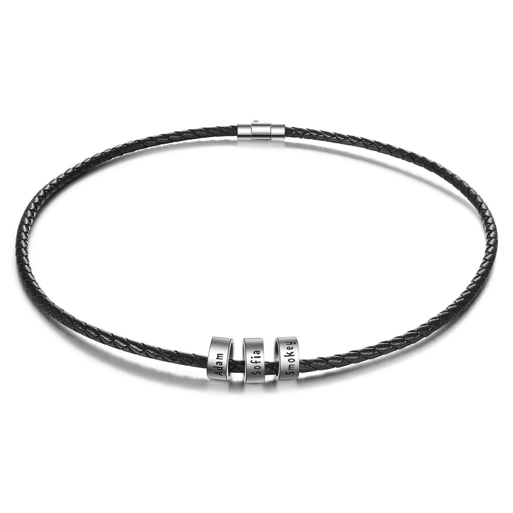 DaMeiPersonalized Men Leather Necklace Custom Men Braid Necklace with Small Beads Necklaces for Men with Family Names