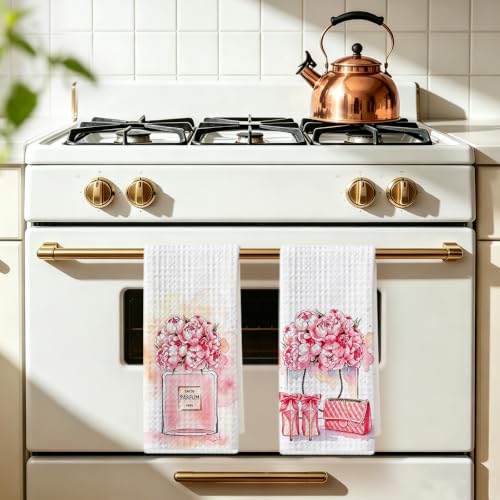 Image of 2 Pcs Pink Hand Towels, Perfume Flower Decor Reusable Dish Towels | Fashion Gifts for Women Girls Mom Friend, Waffle Weave Microfiber Towels for Bathroom Home Decor 24x14 Inch