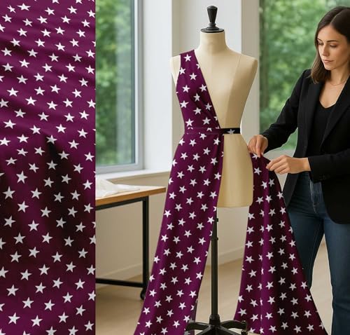 Image of Soimoi Pink Cotton Cambric Fabric Stars Star Printed Fabric 1 Meter 58 Inch Wide