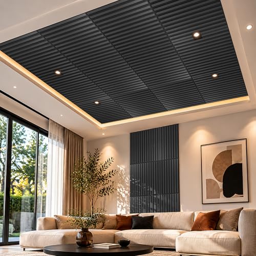 Image of Art3d 12-Pack Acoustic Wood Slat Panel & Ceiling Tile, 2 x 2 ft, Blackwood