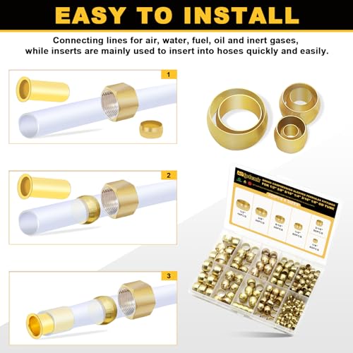 Image of Siptenk 228PCS Brass Compression Sleeves Ferrules Kit Lines for Air, Water | 6 Sizes 1 /2 inch 3 /8 inch 5 /16 inch 1 /4 inch 3 /16 inch 1 /8 inch Hose Compression Fitting Brass Ferrule lines for Fuel, Oil and Inert Gases