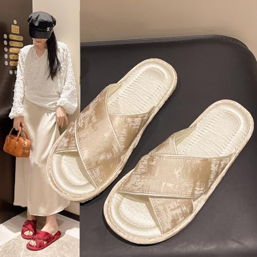 Satin Cross-Strap Slippers for Women Retro Flip-Flops Flower Decor Satin Upper Soft TPR Anti-Slip Soles Indoor Outdoor Slippers2