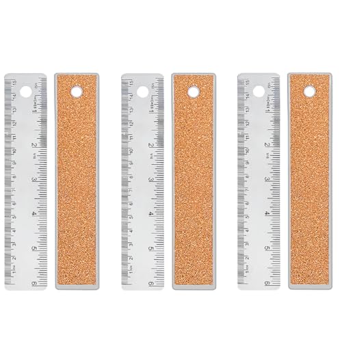 Image of 3 Pcs 6 Inch Metal Ruler Stainless Steel Metal Ruler with Cork Backing, Non-Slip Rulers with Inch and Centimeters, Straight Edge Cork Base Rulers for Student School Office Drafting Tools