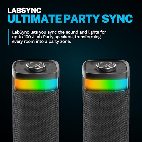 Image of JLab JBuds Party Portable Bluetooth Speaker, 2 Full-Range Drivers + 2 Passive Woofers, IP56 Waterproof, 12 Hours Playtime, Connect Multiple Speakers, Custom Sound + RGB Lighting via App, Black