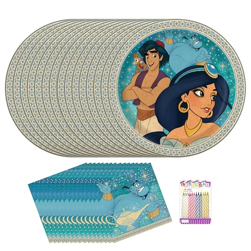 Aladdin Lot de fournitures de fête pour 16 invités – Comprend des assiettes de 22,9 cm, des serviettes de table et 24 bougies d'anniversaire – Ensemble de fête d'anniversaire Princesse Jasmine et