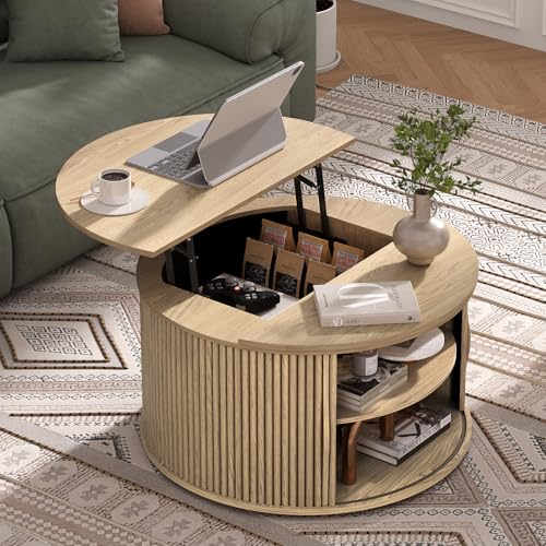 Image of JOINICE Round Lift Top Coffee Table with Storage for Living Room,Oak | 31.5 inch Drum Design,Hidden Storage&Open Shelf,Boho Fluted Center Table for Small Apartments,Easy Assembly,Up to 150 lbs