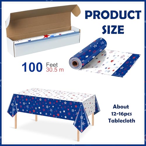 Image of 4.5 x 100 Feet Patriotic Tablecloth for 4th of July Independence Day Decorations,Roll of Disposable Custom White Blue Red Star Memorial Day Photography Backdrop for 4th of July Themed Party Supplies