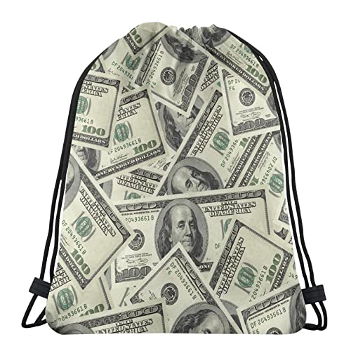 LAKUERVI Drawstring Backpack Bag 100 Dollar Sports Gym Sack Funny Money Pattern Decorative Drawstring Bag String Bag Shopping Sports Yoga Travel Backpack For Men Women Unisex