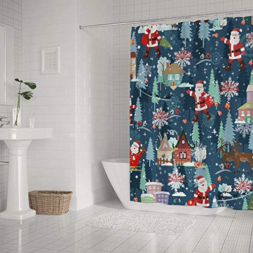 Rideau de douche de Noël lavable en polyester bleu avec 12 crochets