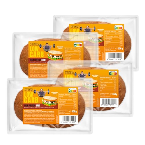 STEINER's Low Carb High Protein Brot Laib - 4er Pack (4x350g) - 94% weniger Kohlenhydrate, 23g Eiweiß pro 100 g - Im Steinofen gebacken - Für bewusste Ernährung ohne Kompromisse