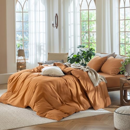 Image of MooMee Duvet Cover Set 100% Washed Cotton Linen Like Queen | Relaxed Linen-like Texture. Soft, Breathable & Long-lasting Comfort. Lightweight. Hidden Zipper with 8 Interior Corner Ties