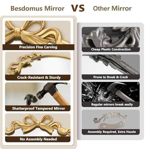 Image of Besdomus Bow Arched Large Mirror: 40 inchx29 inch Gold Vintage Decorative Mirror | French Baroque Metal Framed - Traditional Ornate for Fireplace /Entryway /Living Room /Bathroom- Ideal for Home Renovations