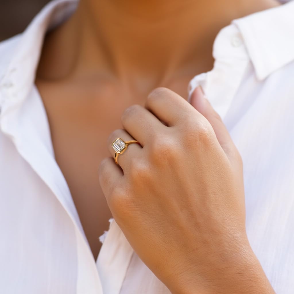 2CT Emerald Cut Moissanite engagement Ring for Women - GRA Certified D Color VVS1, 14K Gold Plated Sterling Silver bezel set moissanite Promise Ring - Image 8