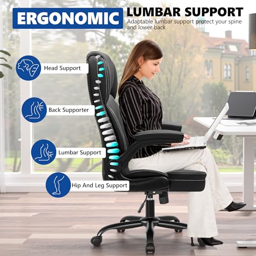 Image of PU Leather Office Chair, Ergonomic High-Back Desk Computer & Gaming Chair with Adjustable Height, Rolling Swivel & Flip-Up Armrests, Comfy Padded Seat for Home Office-Black