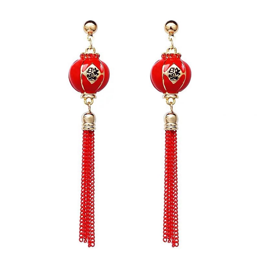 Chinese Style Lantern Tassel Statement Drop Earring for Ladies Lucky New Years Pretty Dangle Earrings Red Festive Sterling Silver Post Hypoallergenic Charms Dainty Gifts Wedding Anniversary for Women