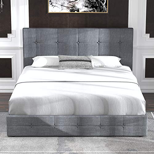 Allewie Upholstered Full Size Platform Bed Frame With 4 Storage Drawers And Headboard, Square Stitched Button Tufted Mattress Foundation With Wooden Slats Support, No Box Spring Needed, Light Grey #TOP2