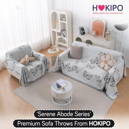 Image of HOKIPO Premium Chenille Printed Sofa Cover Throw Blanket 320 GSM for 1 Seater - All Season Use, 'Serene Abode Series' Monochrome Butterfly (180x180 cm) (AR-6631-D8)