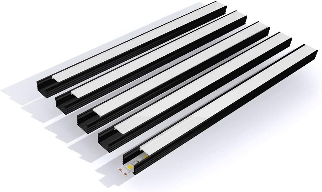 10M (5cs x 6.6ft/2M) LED Profile Slim Collar Channel with Milky Cover Profile 16x11 mm for Strip Light Lighting Channel PVC Profile for LED Strips (BLACK)