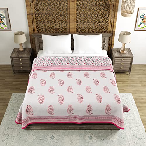 Image of BLOCKS OF INDIA 100% Cotton Dohar King Size Reversible Hand Block Printed Malmal Summer Dohar /Blanket (Multicolor Mughal Pink)