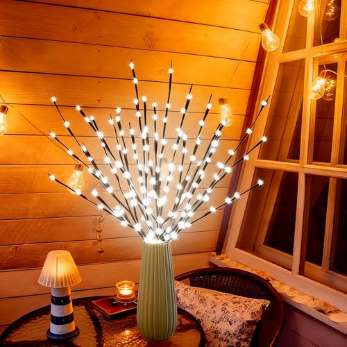 Image of DK177 4 Pack LED Branch Light Battery Operated Lighted Branch Vase Filler Willow Tree Artificial Little Twig Power Brown 30 Inch 20 LED for Home Romantic Decoration, White