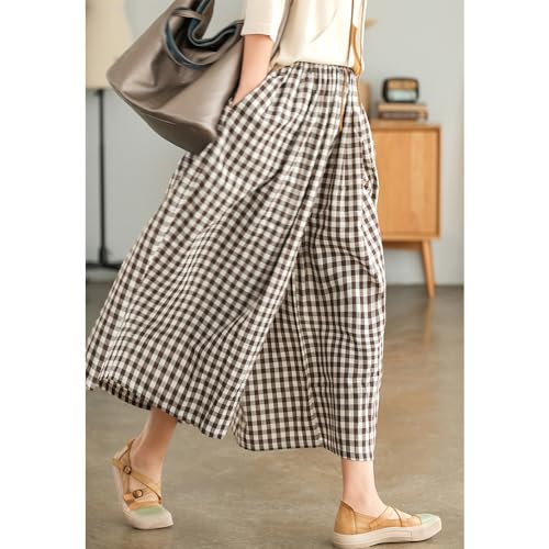 Womens Plaid Print Linen Pants Casual High Waisted Smocked Elastic Wide Leg Baggy Cropped Pants with Pockets3