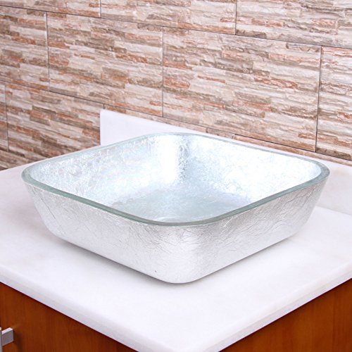 Elite Crystal Glass Square Artistic Silver Tempered Glass Bathroom Vessel Sink & Chrome Waterfall Faucet Combo #TOP3