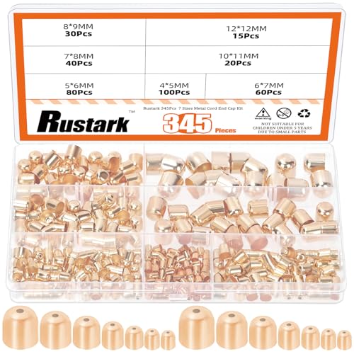 Rustark 345 piezas de 7 tamaños de oro rosa con borlas, juego surtido de tapas de metal, forma media redonda, extremos de cuero, tapas de extremo de barril, terminadores, accesorios de cordón para
