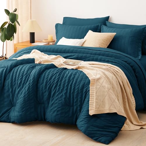 Image of CozyLux King Size Comforter Set Lyons Blue, 7 Pieces Seersucker Textured Luxury Bed in a Bag, All-Season Soft Bedding Sets with Down Alternative Comforter, Sheets, Pillowcases & Shams, Bedroom Bed Set