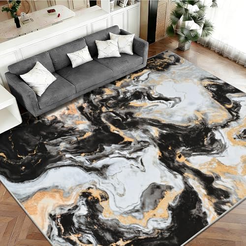 Yinhua 8x10 Rug for Living Room, Marble Black and Gold Rug Non Slip, Modern Washable Rugs Low Pile, Abstract Bedroom Area Rugs Stain Resistant, Soft Faux Wool Carpet for Kitchen Nursery Office