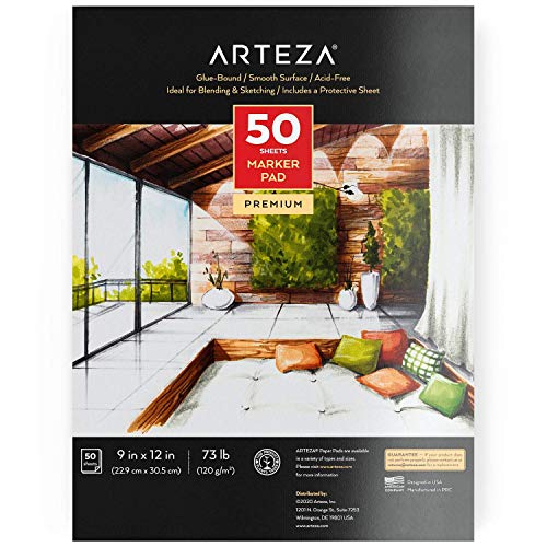 Arteza Marker Paper Pad, 9x12, 50 Sheets, Glue-Bound, Smooth Coated Marker Paper, for Alcohol Markers & Pigment Markers, for Drawing, Sketching, Coloring, Lettering