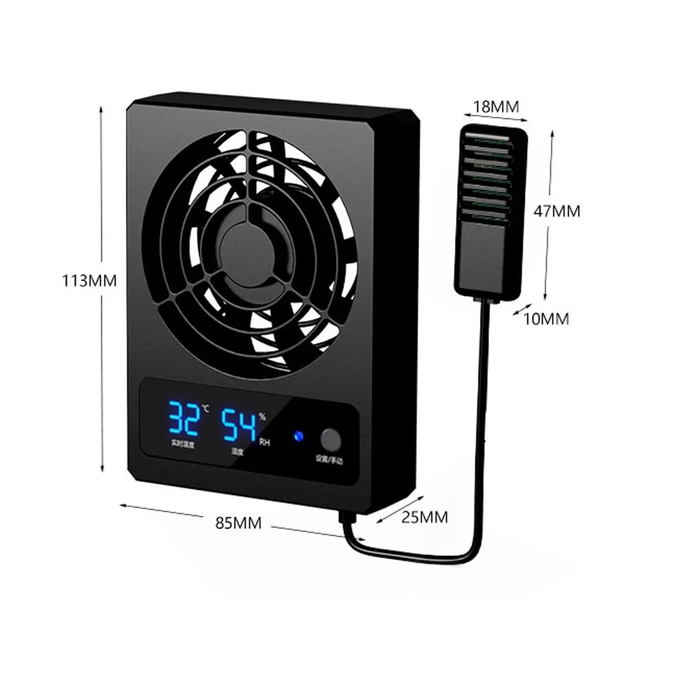 Termómetro e Higrómetro para Tanque de Selva Tropical de Reptiles, Ventilador de Ventilación con Control Inteligente Deshumidificador de Ventilación con Pantalla Digital
