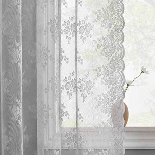 Kotile Grey Pattern Sheer Curtains 63 Inch Long, Country Rustic Floral Embroidered Grey Lace Curtains for Bedroom, Rod Pocket Privacy Vintage Scalloped Lace Curtain 2 Panels, 52 x 63 Inch