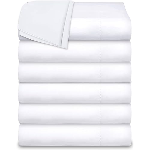 White Classic Twin Flat Sheets 6 Pack, White Cotton Flat Bed Sheet 66x104 Inches, 200 Thread Count Hospital Bed Sheets