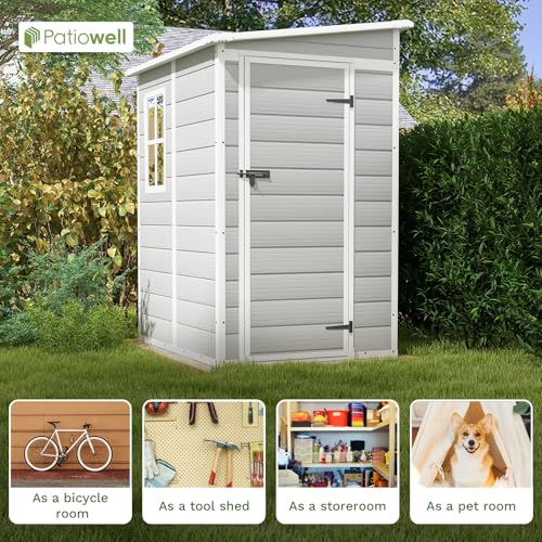 Image of Patiowell 5 x 4 FT Plastic Outdoor Storage Shed with Floor, Resin Outside Sheds with Window, Garden Tool Shed with Lockable Door for Patio Storage, Backyard, Light Gray