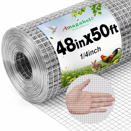 Amagabeli Galvanized Hardware Cloth 1/4 inch 48 x 50 ft 23 Gauge Chicken Wire Fence Welded Wire Mesh Roll Plant Supports Poultry Netting Garden Bed Animal Cage Snake Rabbit Gopher Rodent Proof