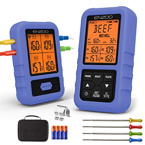ENZOO Meat Thermometer, 500FT Wireless Meat Thermometer for Grilling with 4 Probes, Accurate Fast Digital Food Thermometer with Timer and Backlit, Smoker Thermometer for Oven, BBQ Accessories