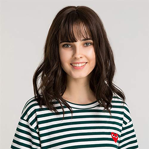 King Style Dark Brown Short Curly Bob Wig with Air Bangs 14'' Shoulder Length Synthetic Wig with Wig Cap Pastel Cosplay Wigs for Women