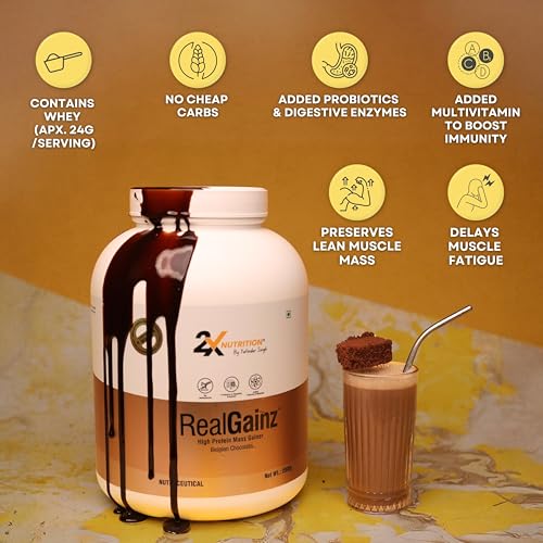 Image of REALGAINZ by 2X Nutrition | High-protein mass gainer | 78g Carbs per serving | High protein (26g) Natural weight gain | Build lean muscle mass | contains digestive enzymes (2Kg, Belgian Chocolate)