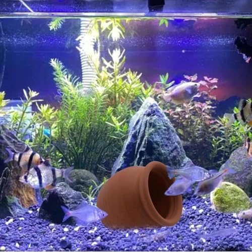 Image of RUIAN Betta Fish Hide Ceramic Aquarium Cave, Small Clay Pot Decor for Shrimp, Betta, and Small Fish, Safe Natural Hideout for Tanks, (Terracotta)