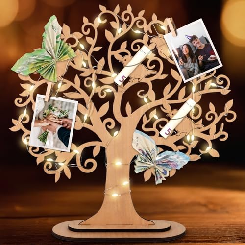Geldbaum Geschenk Aus Holz Mit LED - Personalisierbares Geldgeschenk Für Geburtstage, Hochzeiten & Besondere Anlässe
