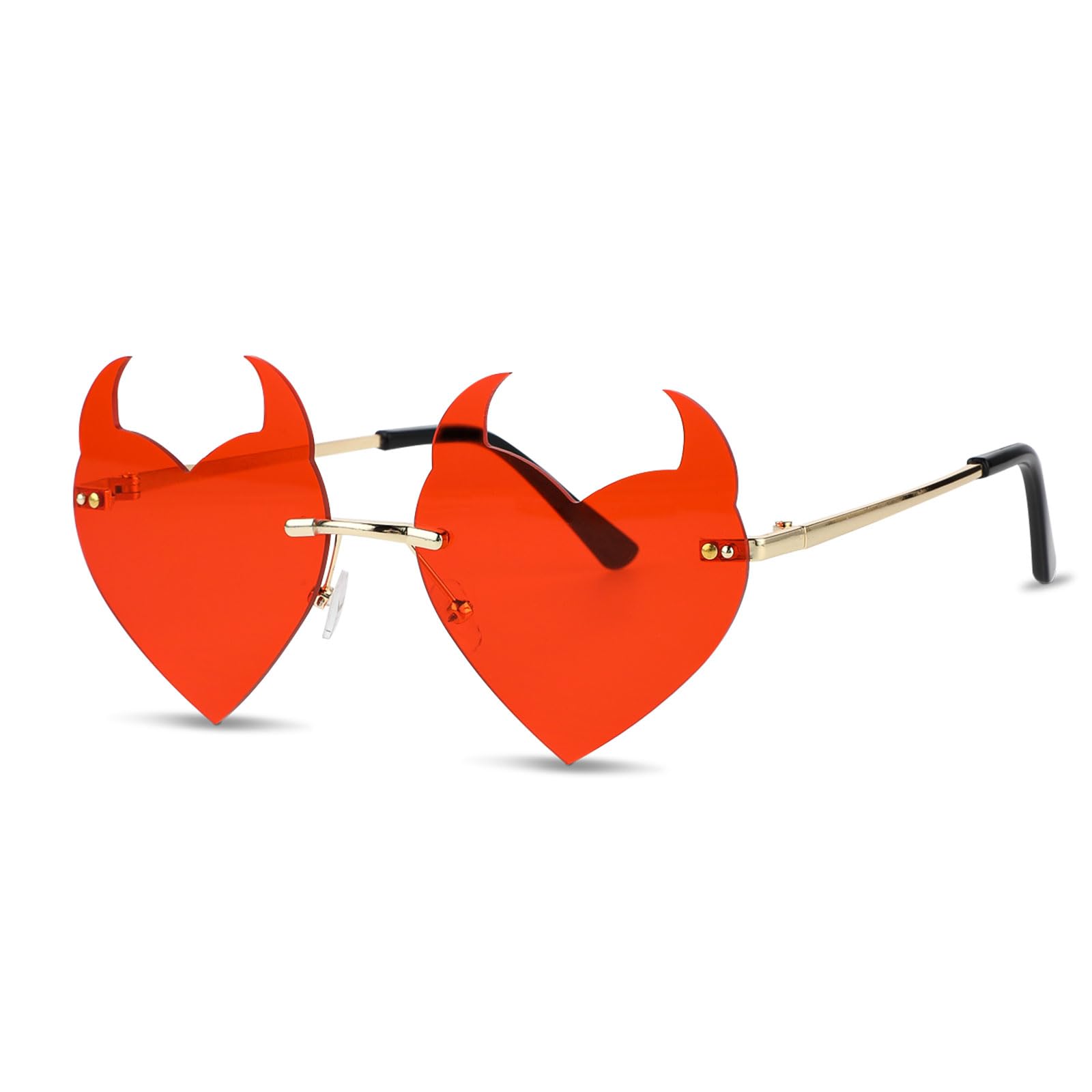 WLLHYFRimless Devil Horns Heart Sunglasses For Women Devil Heart Sunglasses Novelty Funny Halloween Glasses Punk Rock Horn Glasses(Red)