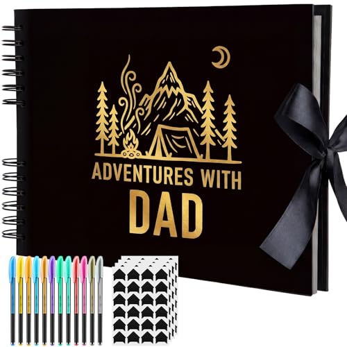 Dunzoom Kit de álbum de recortes para el día del padre, libro de recuerdos de aventura, 80 páginas, álbum de fotos para papá con 12 marcadores metálicos y 4 esquinas de fotos, regalo del día del padre