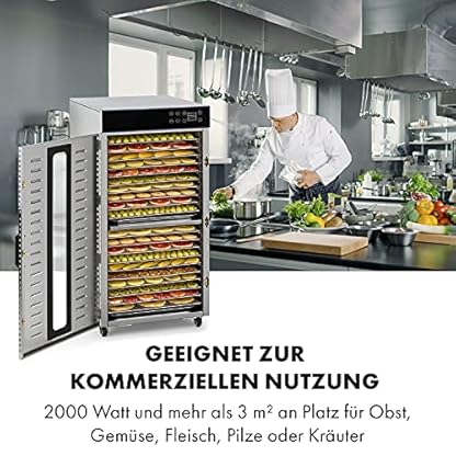 Klarstein Master Jerky 300 Pro Dörrautomat Profi/Gastro,Mit 20 Etagen,2000 W,Kapazität: 3,04 m²,Thermostat: 40-90 °C,25 kg Obst/Gemüse,Gehäuse aus rostfreiem Edelstahl,Edelstahl Gehäuse – Bild 3