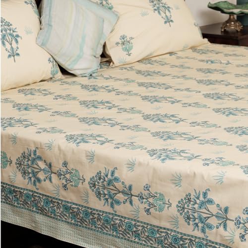 Image of Shaadab Premium Hand Block Printed Bedsheet | Bed Sheet Flatsheet | Pure Cotton | Double Bed King Size 108 inchx108 inch | 300 TC Bedsheets | Includes 2 Pillow Covers | Flower Spread