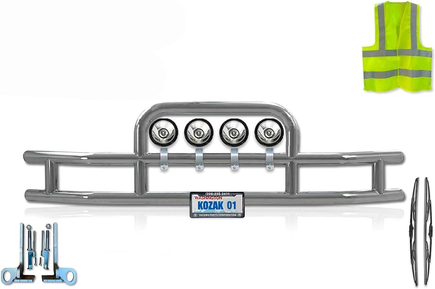 Front Bumper Grille Deer Brush Moose Guard - Round- 4x6 LED Lights Compatible with Kenworth T660 Plus License Plate Holder, Bracket, Logo, Wipers and KOZAK Vest