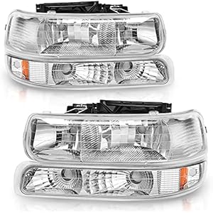 AUTOSAVER88 Headlight Assembly Compatible with 1999 2000 2001 2002 Chevy Silverado 1500 2500 1500HD 2500HD 3500/2000-2006 Tahoe Suburban Headlamp Pair with Bumper Lamp Chrome Housing Amber R