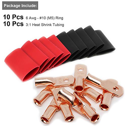 Image of TKDMR 10pcs 6 AWG- #10 Battery Lugs,Heavy Duty Wire Lugs,Ring Terminals,Battery Cable Ends,0 Guage terminals,Battery Terminal Connectors with 10pcs 3:1 Heat Shrink Tubing