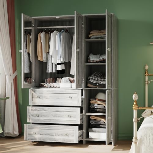 Image of VOWNER Armoire Wardrobe Closet with Drawers and Mirror, 71 inch Clothing Storage Cabinet with Hanging Rod, 4 Doors Wooden Wardrobe Cabinet for Bedroom, Large Capacity Storage (1, Gray Oak)